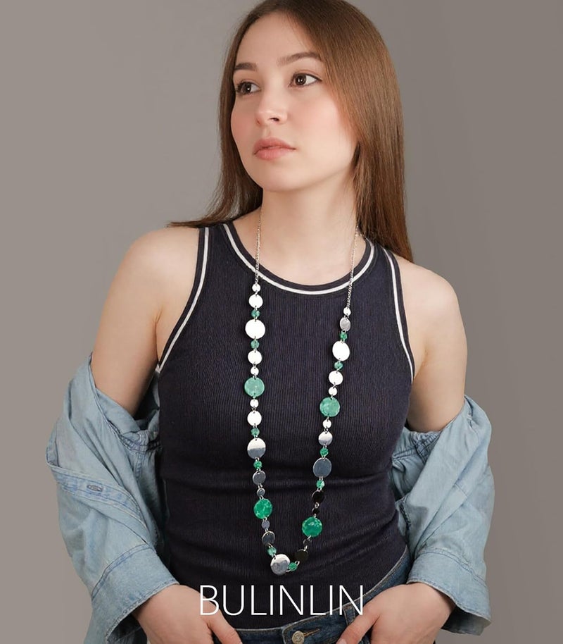 BULINLIN Layered Silver Long Necklace for Women Turquoise Stone Beaded Strand Sweater Chain Necklaces Fashion Costume Jewelry Gifts for Mom - Image 2
